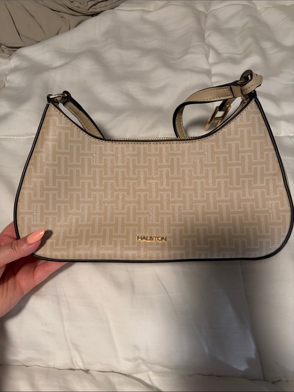 Halston Heritage Neutral Beige Logo Shoulder Bag with Gold Hardware